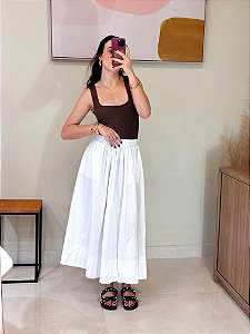 Saia Midi em Tricoline com Bainha Larga e Bolso - BRANCA
