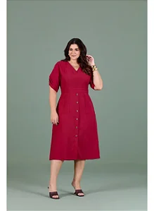 Vestido Plus Size Midi Com Bolso Sobreposto E Manga 3/4 G1 Hadaza