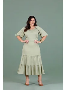 Vestido Plus Size de Linho com Manga 7/8 G2- Hadaza