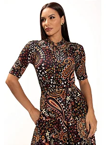 Vestido Midi de Viscolycra Estampa Paisley Preto Polyane Lekazis
