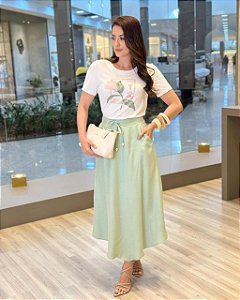 CONJUNTO SAIA LONGA VERDE E T-SHIRT FLORAL MAGDA OCCHI