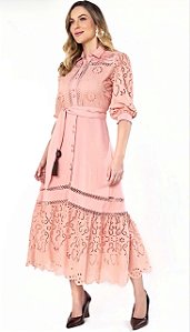 VESTIDO CHEMISE MIDI COM LAISE ENTREMEIOS GUIPIR FASCINIUS 2733