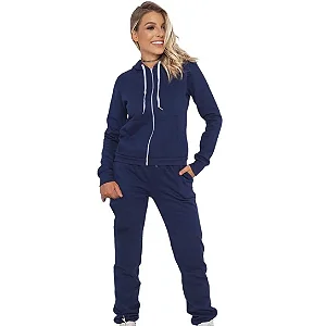 Conjunto Feminino Casaco Moletom Com Zíper + Calça Com Bolsos - Azul