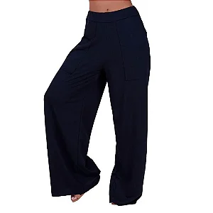 Calça Feminina Wide Leg Pantalona Cintura Alta com Bolso de Moletinho - Preto