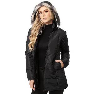 Casaco Feminino Jaqueta Sobretudo com Capuz Removível Acolchoado - Preto