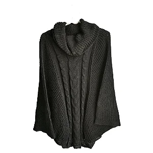 Poncho Feminino Tricot Outono Inverno Manga Longa Quentinho - Preto