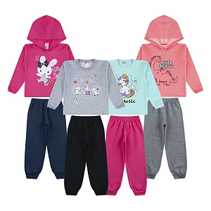 Kit 4 Conjuntos de Moletom Infantil com Capuz e Sem Capuz para Meninas