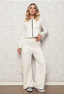 Conjunto Moletom Feminino: Blusa Jaquetinha e Calça Pantalona Cargo