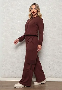 Conjunto Moletom Feminino Blusa Jaquetinha e Calça Pantalona Cargo