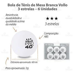 Kit 6 Bola Ping Pong 3 Estrelas Branca Tênis De Mesa Vollo
