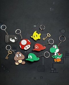 Chaveiros 3D Coleção Super Mario Bros – Yoshi, Cogumelo, Goomba e Bonés