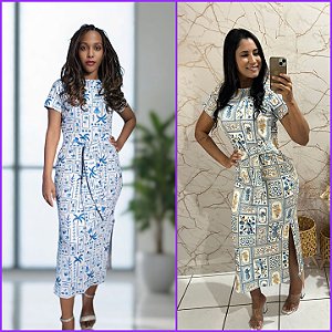 Vestido Tubinho Com Fendas Elegante e Cinto