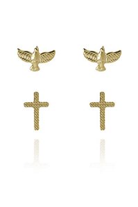 Duo de Cruz e Espírito Santo Banhado em Ouro 18k