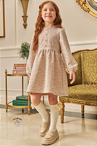 Vestido Infantil Manga Longa Tweed Bege Kukiê Elegante