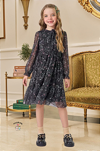 Vestido Infantil Tule Manga Longa Floral Preto Kukiê
