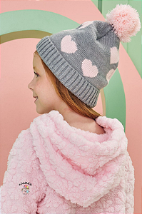 Gorro Inverno Pompom Cinza Rosa Menina Kukiê