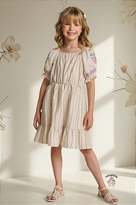 Vestido Infantil Bege Linho Deluxe Tricoline Kukie