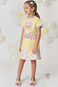 Vestido Infantil Ursinha Fly Amarelo Kukie Manga Curta