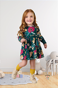 Vestido Infantil Verde Estampado Nanai Manga Longa
