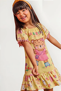 Vestido Infantil Viscose Amarelo Ursinha Kukie