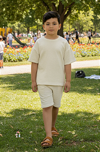 Conjunto Menino Bege Carinhoso Camiseta e Bermuda