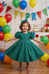 Vestido Infantil Verde Botânico Manga Bufante Milon