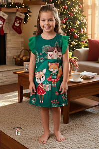 Vestido Verde Linho Raposa Natal Infanti