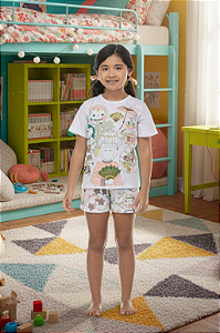 Pijama Infantil Feminino Manga Curta Branco Sonhart