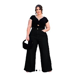 calca jeans wide leg plus size preta 58