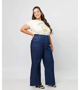 calca jeans wide leg plus size azul com nervuras 60
