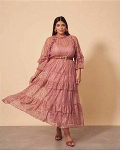 vestido boho em renda rose 44