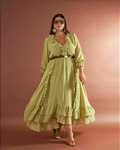 Vestido midi babados verde 42