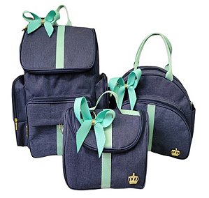 Kit Bolsa Maternidade e Mochila Azul/Verde Luxo 3 Bolsas Laço