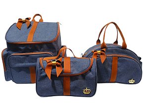 Kit Bolsa Maternidade e Mochila Azul/Marron Luxo 3 Bolsas Laço Linho