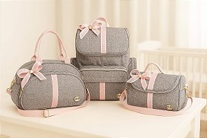 Kit 3 Bolsas Bebe Maternidade Laço Cinza/Rosa Mochila Luxo Alça