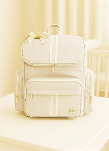 Mochila Bebe Maternidade G Marfim Laço Bege Tecido Linho