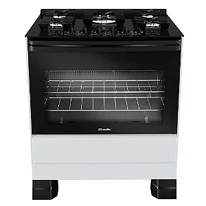 Fogão Mueller 5 Bocas Branco com Mesa de Vidro e Grades de Ferro Fundido MFV5BF