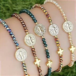 PULSEIRA FEMININA ESTILO BOÊMIO COM RETRATO CRUZADO E CONTAS REDONDAS DUPLA FACE