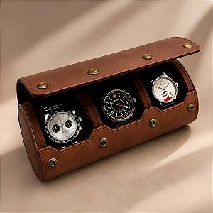 Estojo Porta Relógios Viagem Premium 3 Lugares Couro Pu