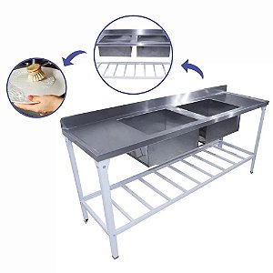 Mesa com 2 Tanques Cubas Pia Inox Cozinha Industrial Restaurante Hamburgueira Com Paneleiro 2 Metros Innal