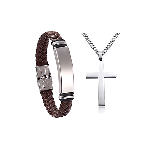 Kit: Pulseira Silicone Couro Marrom mais Colar De Cruz