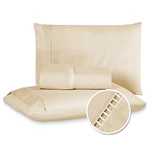 Jogo de Lençol 03 Peças Tecido Acetinado Micropercal 400 Fios Fronhas Ponto Palito