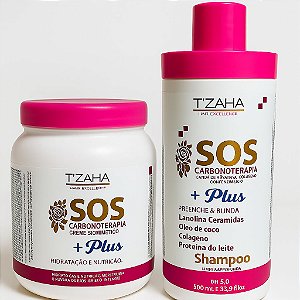 Kit SOS Carbonoterapia Tzaha – Shampoo e Máscara 1kg | Hidratação, Reconstrução e Brilho Intenso
