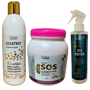 Combo Tzaha Professional | Keratrat 500ml + SOS 1kg + Uso Espetacular 300ml | Reconstrução, Nutrição e Proteção Térmic