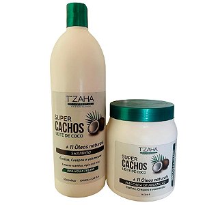 Kit Super Cachos Leite de Coco 1kg – Shampoo + Máscara T’zaha | Nutrição com 11 Óleos Naturais