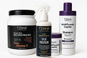 Kit Reconstrução Capilar Tzaha Profissional – Power Hair Xtreme 5 + Uso Espetacular Silk Protein + Shampoo Acidificante