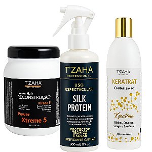 Kit Anti Queda Restauração Capilar Profunda Tzaha Keratrat + Hidratação Power Hair Xtreme + Uso Espetacular Silk Protein