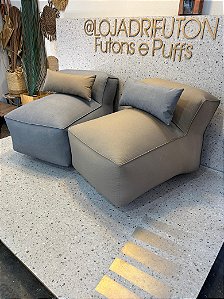 Conjunto Puff M Standard Caqui e Cinza  + 2 Almofadas Cinza e Caqui