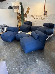Conjunto Puff M Standard Azul Marinho  + 2 Peseiras + 4 Almofadas