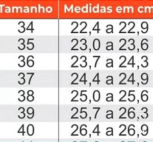 Tabela de tamanhos
